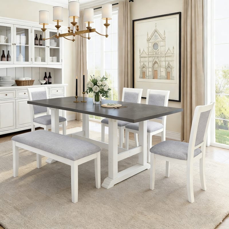 76.9" Extendable Dining Table with 4 Upholstered Chair and 1 Bench