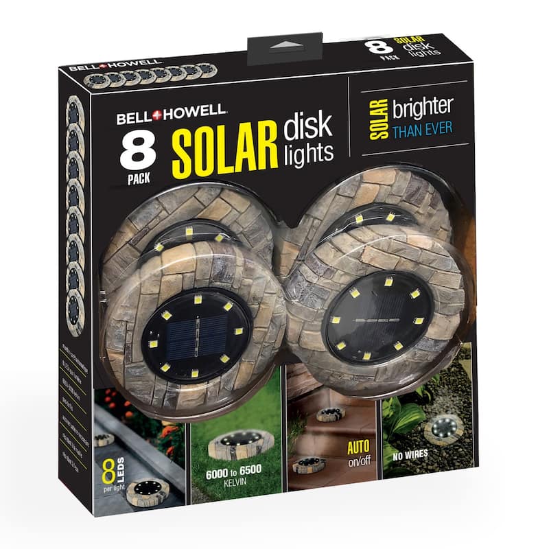 Bell + Howell LED Swivel Solar Powered Disk Lights with Auto On/Off, 8 Pack - Grey