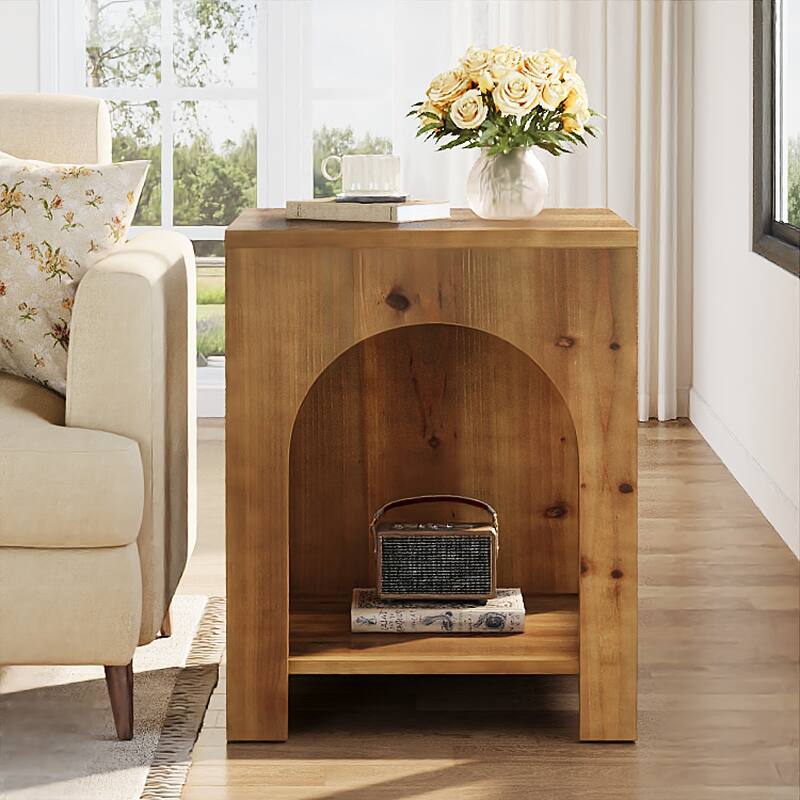 2 Tier End Table for Living Room, Square Couch Side Table for Bedroom, Farmhouse Style