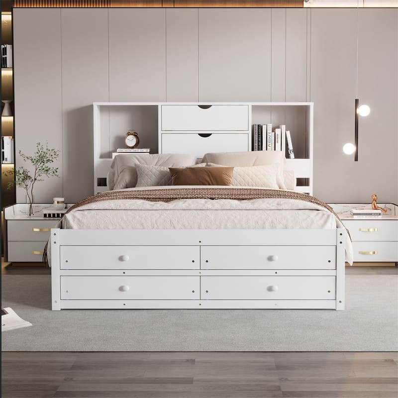 Queen/King Size Captain Bed with Storage Bookcase Headboard, Solid Wood Platform Bed Frame with 8 Storage Drawers and Slats