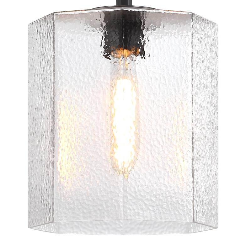 Haven 60 Watt 1-Light Matte Black Geometric Pendant Light with Clear Rippled Glass Shade - 22