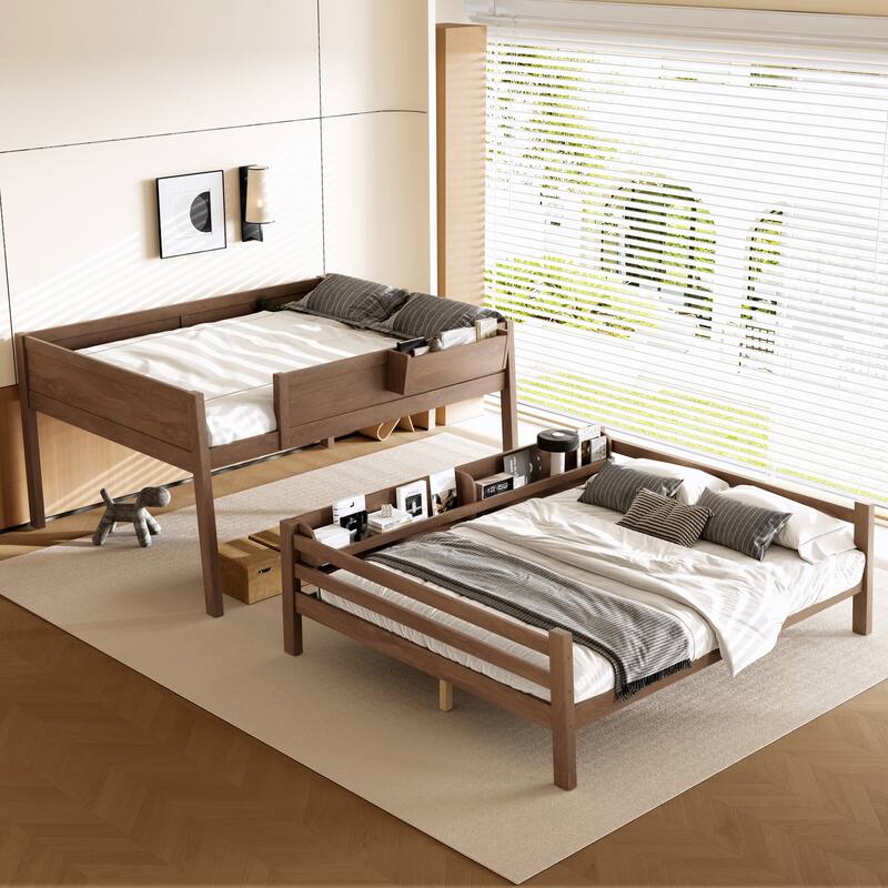 Queen Bunk Bed With Storage Shelf and Bookshelf,Wood Bunk Bed with Ladder and Guardrails,Detachable Design