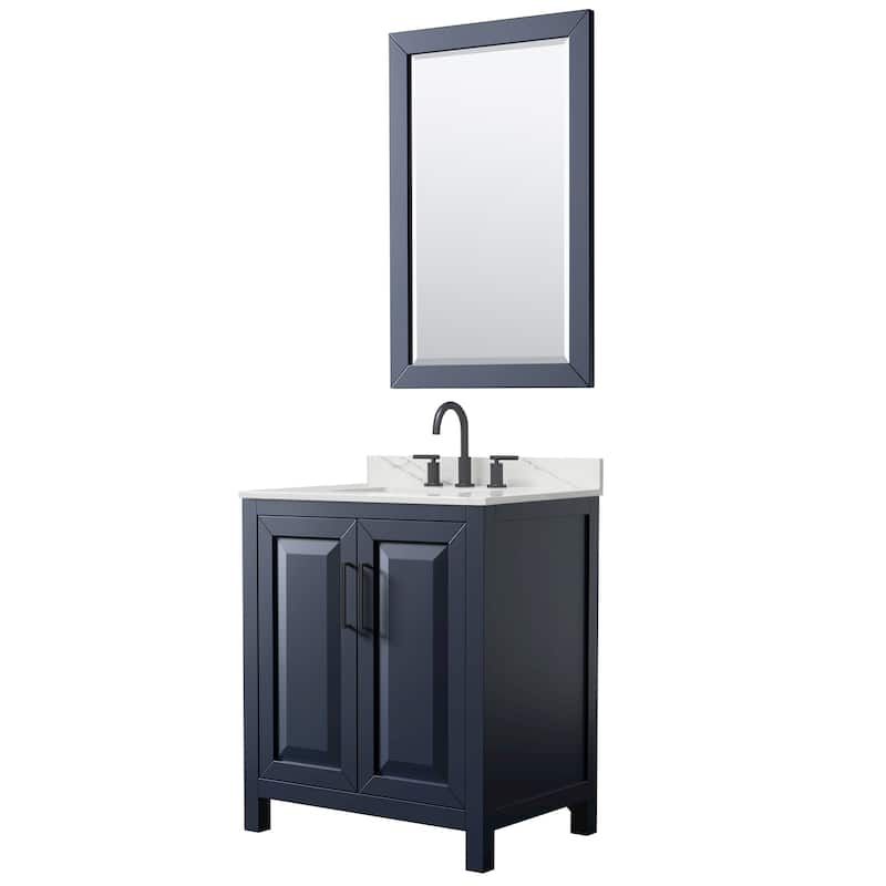 Daria 30-inch Single Vanity, 3 Hole Quartz Top, 24-inch Mirror - Dark Blue, Black Trim, Giotto Quartz Top