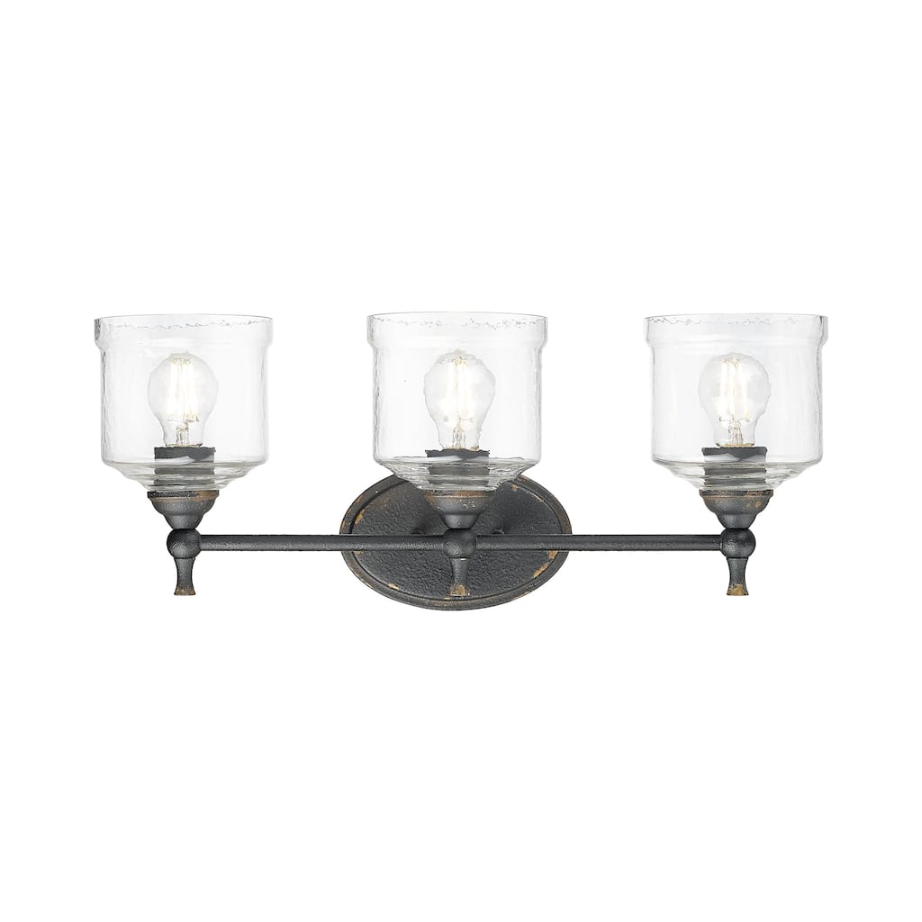 Keating 3 Light Bath Vanity in Antique Black Iron with Hammered Water Glass Shade