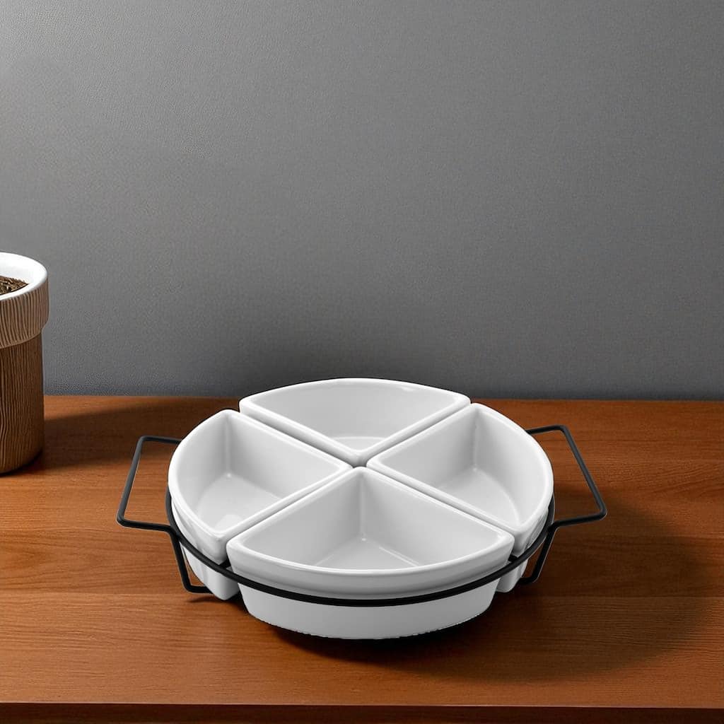 Gibson Gracious White Fine Ceramic Dining Four Section Tray Set with Metal Rack