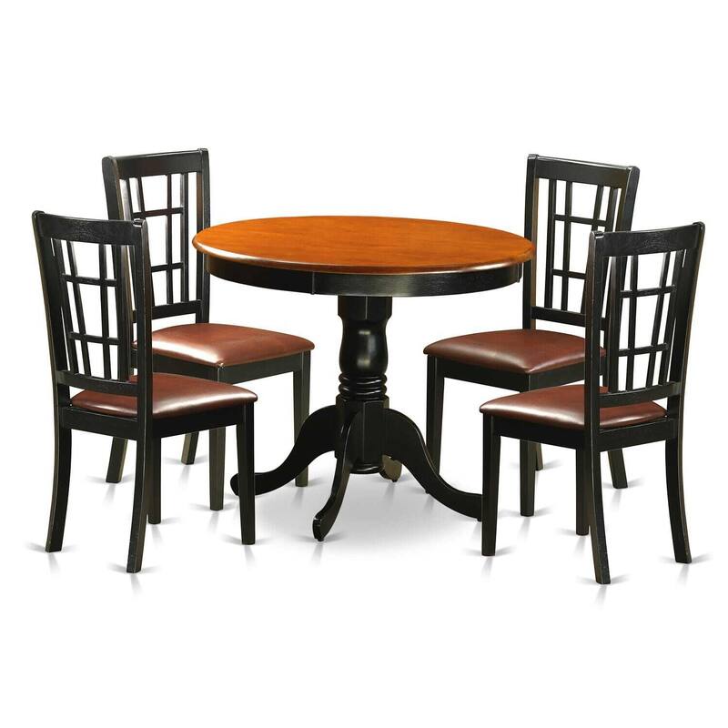 5-Piece Round Black Finish Solid Wood Top Dining table with 4-Chairs with