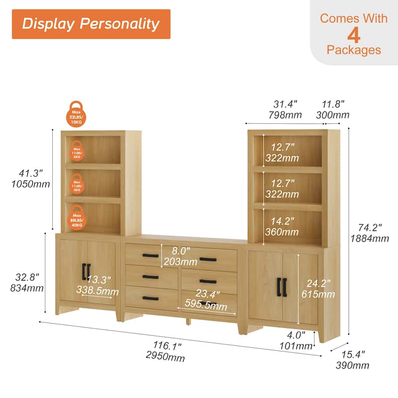 WAMPAT Farmhouse Entertainment Center with Bookshelves, Modular TV Stand with Storage Drawers