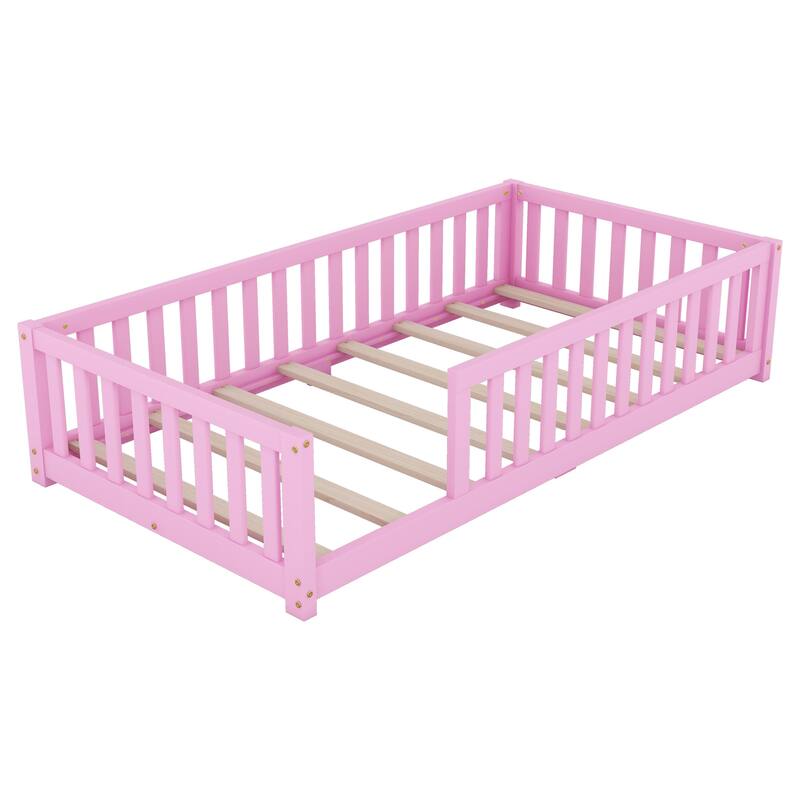 Twin/Full/Queen Size Floor Bed with Safety Guardrails for Kids, Wood Montessori Bedframe w/ Door, Children's Noiseless Beds