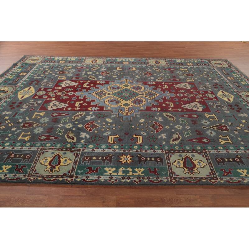 Geometric Grey Kazak Area Rug Handmade Wool Carpet - 8'9"x 11'7"