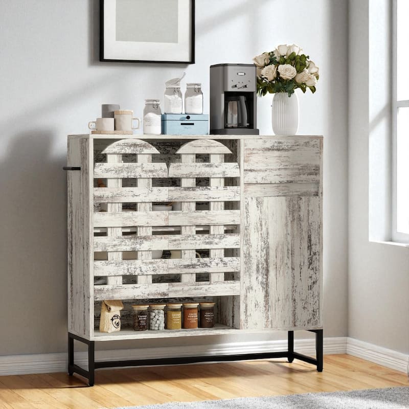 Rustic 44" Coffee Bar Cabinet with Storage, Farmhouse Buffet Console Table with Drawer and Arched Metal Lattice Doors