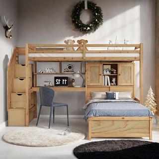 Twin over Twin Loft Bed with Built-in Desk and Staircase