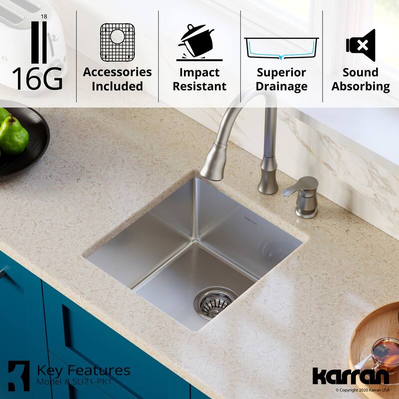 Karran 17" Undermount 16 -Gauge Stainless Steel Single Bowl Kitchen Sink Kit