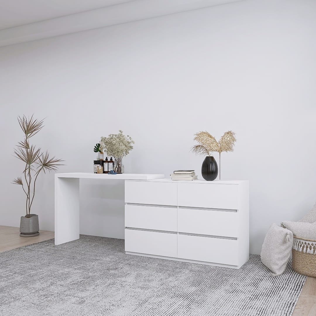 Extended Desktop 6 Drawers Chest of Drawer without Handle White Color