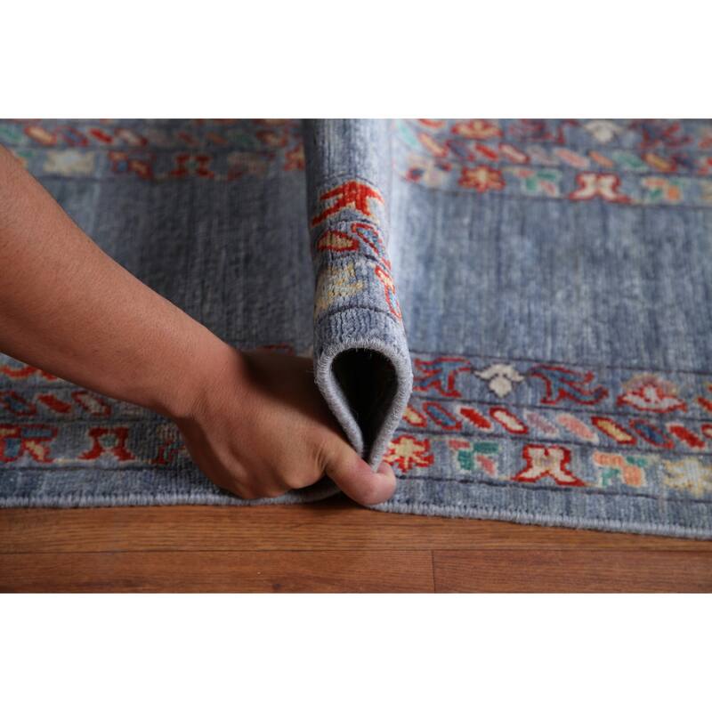 Hand Knotted Oriental 100% Wool Carpet Modern All-Over Navy Blue & Blues Art & Craft Area Rug - 12' 2'' X 8' 9''