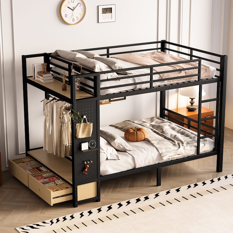 Multifunctional Full Over Full Bunk Bed for Teens with Built-in Wardrobe, Open Shelf, Drawers and Pegboard, Metal Bed Frame - Black - Full