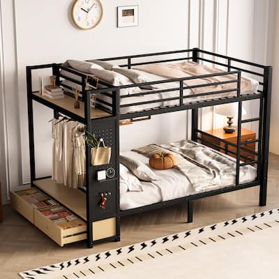 Multifunctional Full Over Full Bunk Bed for Teens with Built-in Wardrobe, Open Shelf, Drawers and Pegboard, Metal Bed Frame