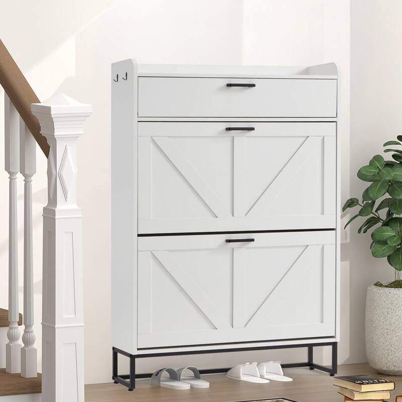EROMMY Farmhouse Freestanding Shoe Cabinet with 2 Flip Drawers, Large Entryway Storage with Adjustable Shelves and Side Hooks