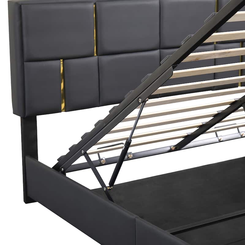 Queen Upholstered Storage Bed Frame with Lift-Up Hydraulic Platform, Velvet Headboard and Gold Accent, No Box Spring Required