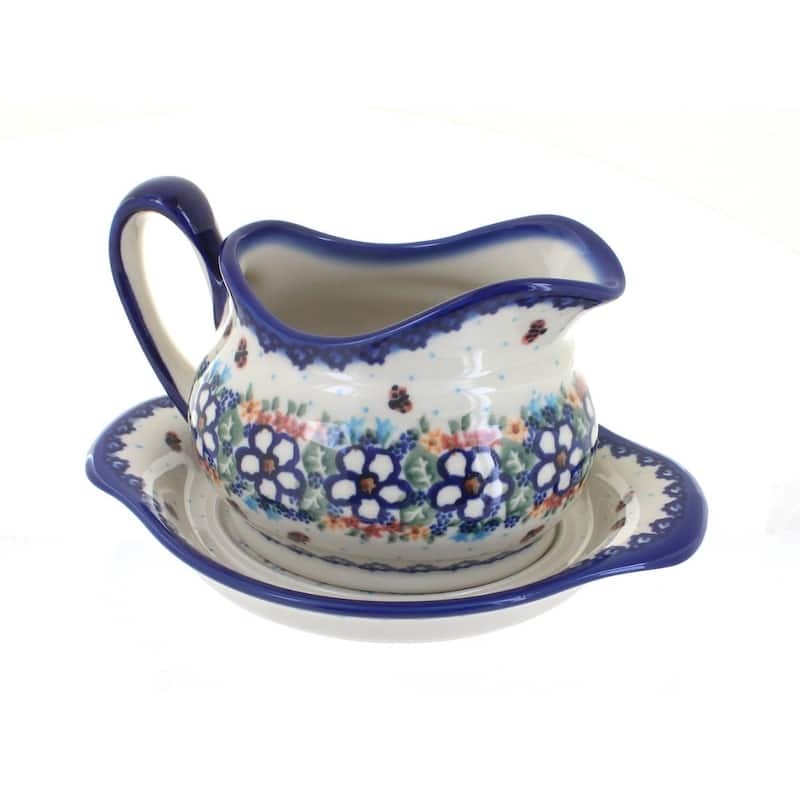 Blue Rose Polish Pottery 128-129 Vena Gravy Boat & Plate - Scarlett