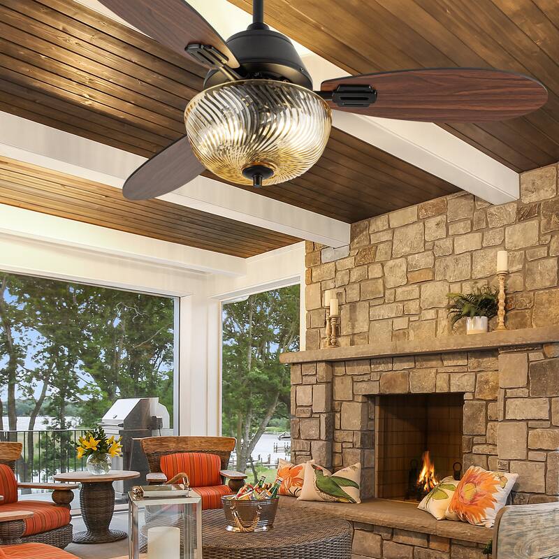 Coco River of Goods 3-blade 42-inch Glam Indoor Ceiling Fan with Amber Hand-Cut Glass Shade and Remote Control
