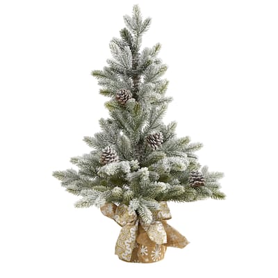 2' Potted Flocked Artificial Christmas Tree with Pinecones, Unlit - 2 Foot