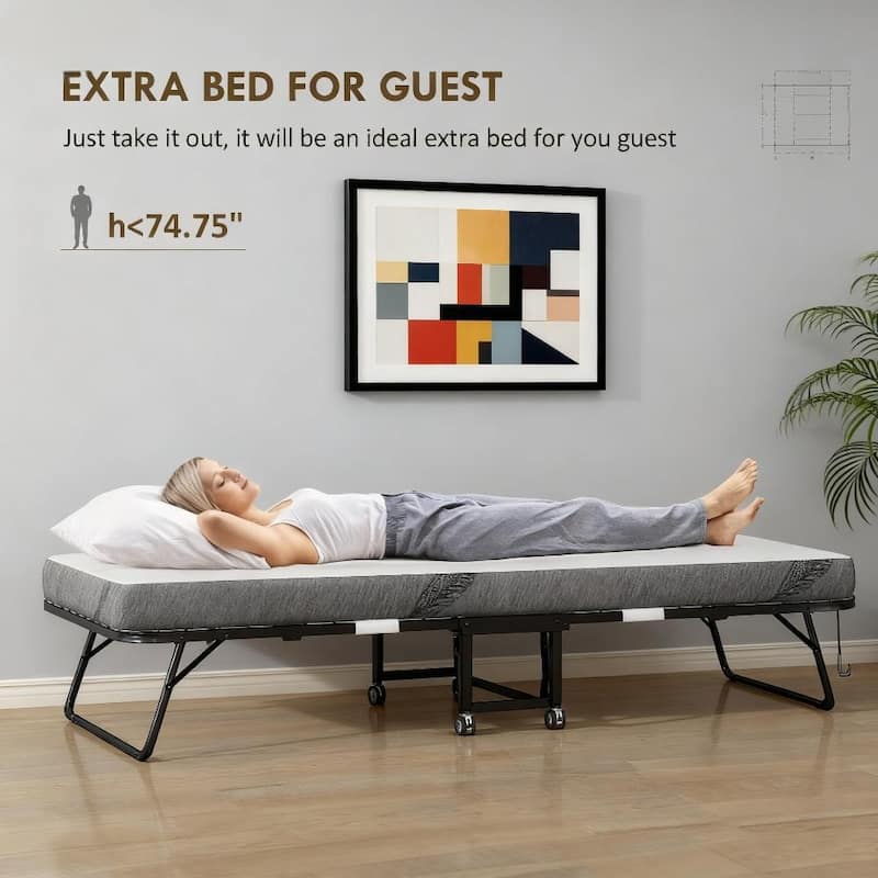 31.5"W Portable Foldable Steel Frame Bed with Mattress