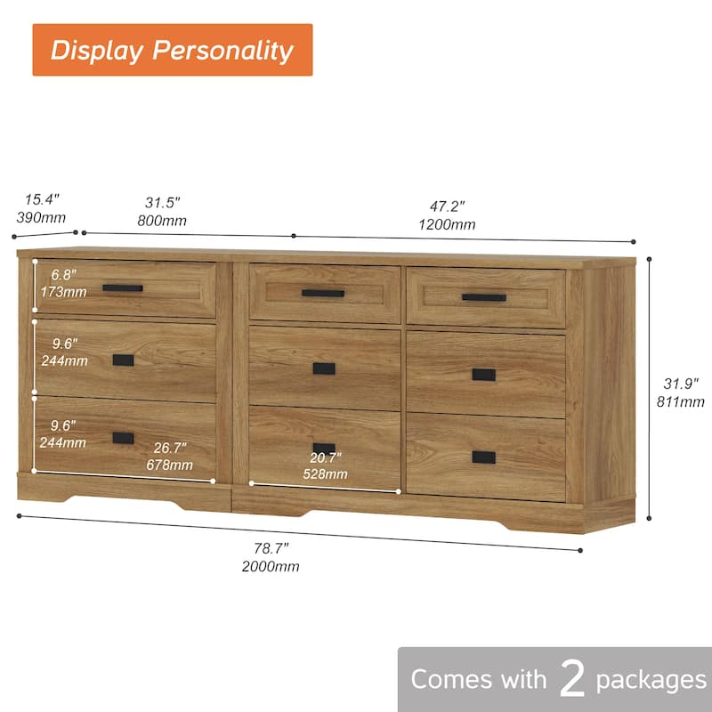 WAMPAT Mid Century Modern 2 in 1 Dresser with 9 Drawers for Bedroom