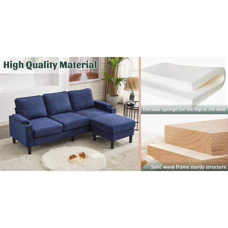 Compact 3-Seat Sofa with Storage Ottoman, L-Shaped Couch with Stool