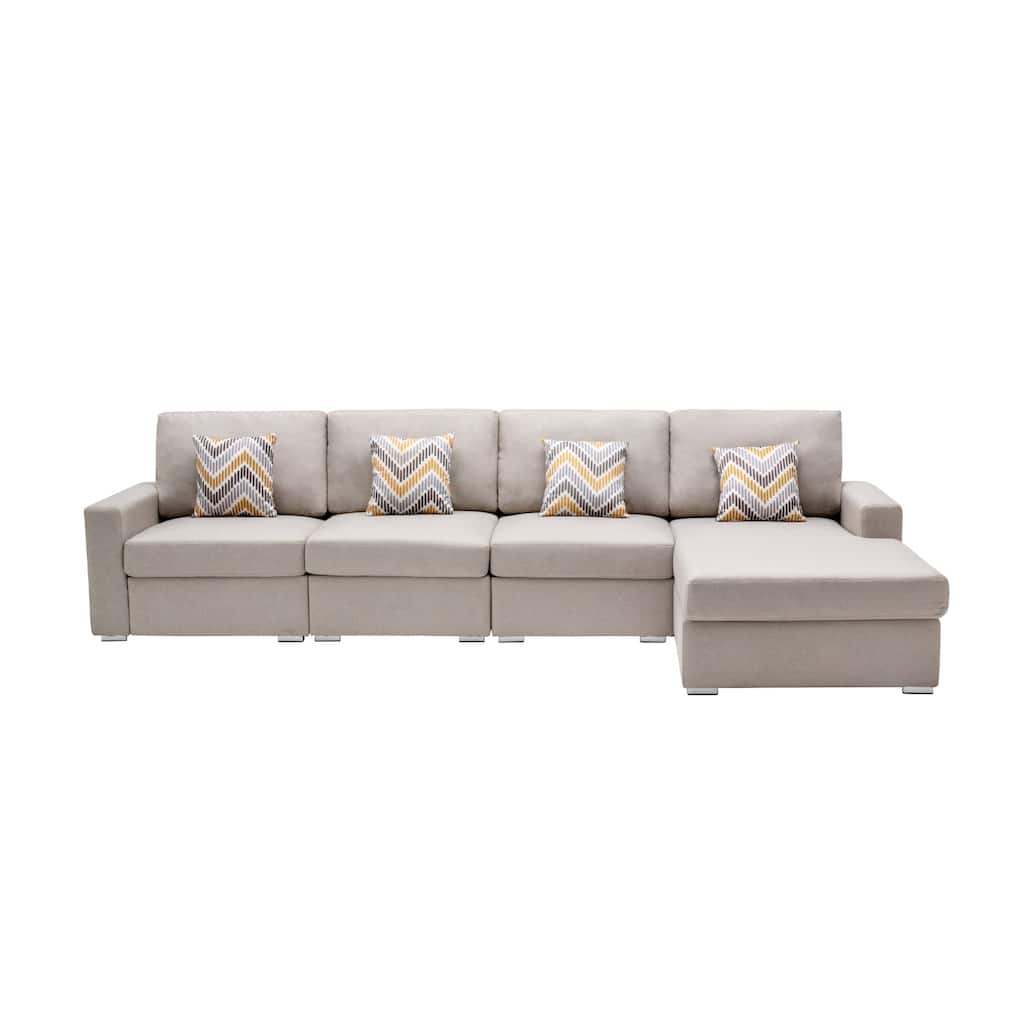Linen Fabric 4 Piece Reversible Sectional Sofa Chaise with Pillows and Interchangeable Legs in Beige