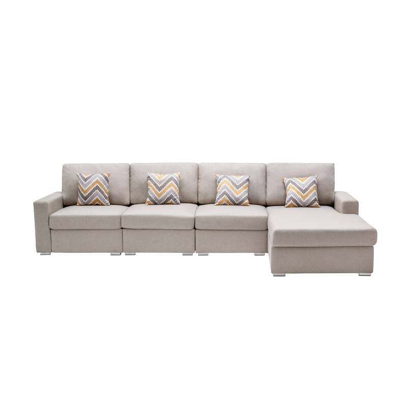 Linen Fabric 4 Piece Reversible Sectional Sofa Chaise with Pillows and Interchangeable Legs in Beige - 4 Piece - Beige