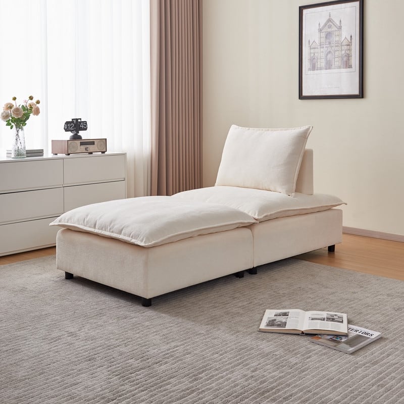 Armless Super Soft Chenille Modular Sofa Design, Single Seater + Ottoman - Beige
