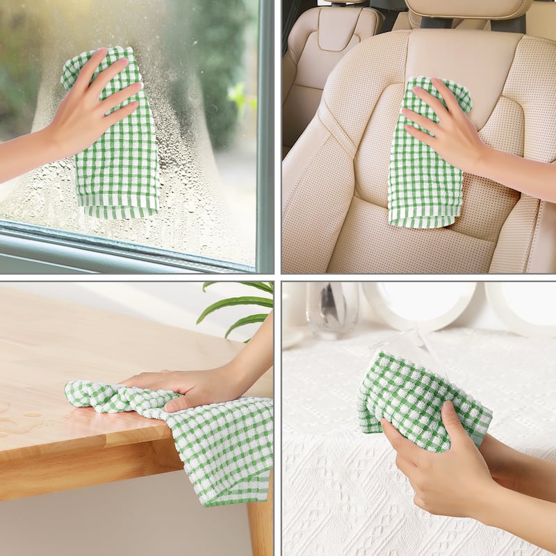 100% Cotton Kitchen Dish Towels, Checked Dishcloths Set for Drying Dishes and Table - 12" x 12" - Green