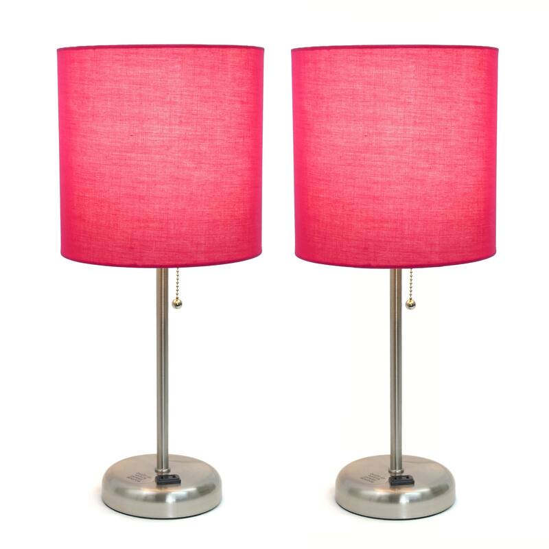 Stick Table Lamps with Drum Shade - 19.5" - Silver and Candy Pink - Set of 2