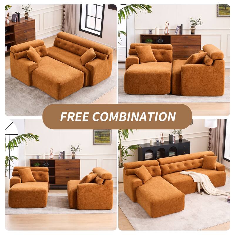 Modern Chenille Convertible L-Shaped 4-Seater Modular Sectional Sofa with 2 Pillows for Apartment Living Room