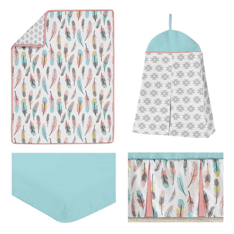 Sweet Jojo Designs Turquoise and Coral Feather Collection 4-piece Bumperless Crib Bedding Set