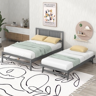 Full Size Platform Bed with Adjustable Trundle, Headboard for Added Stability, Pine Wood and MDF Construction, Grey