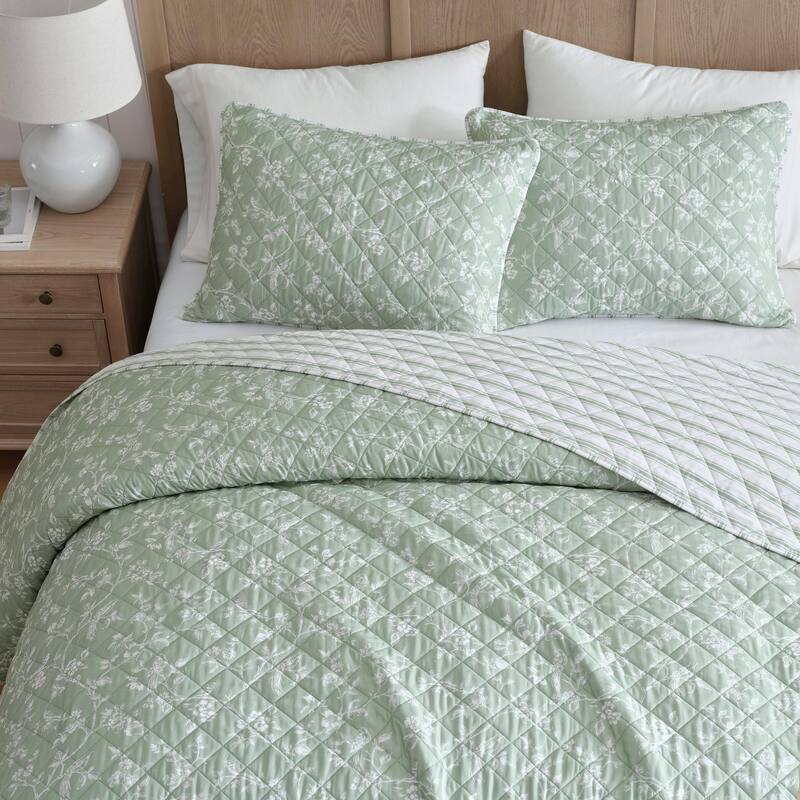 Martha Stewart French Bird Floral Green Cotton Reversible Quilt Set