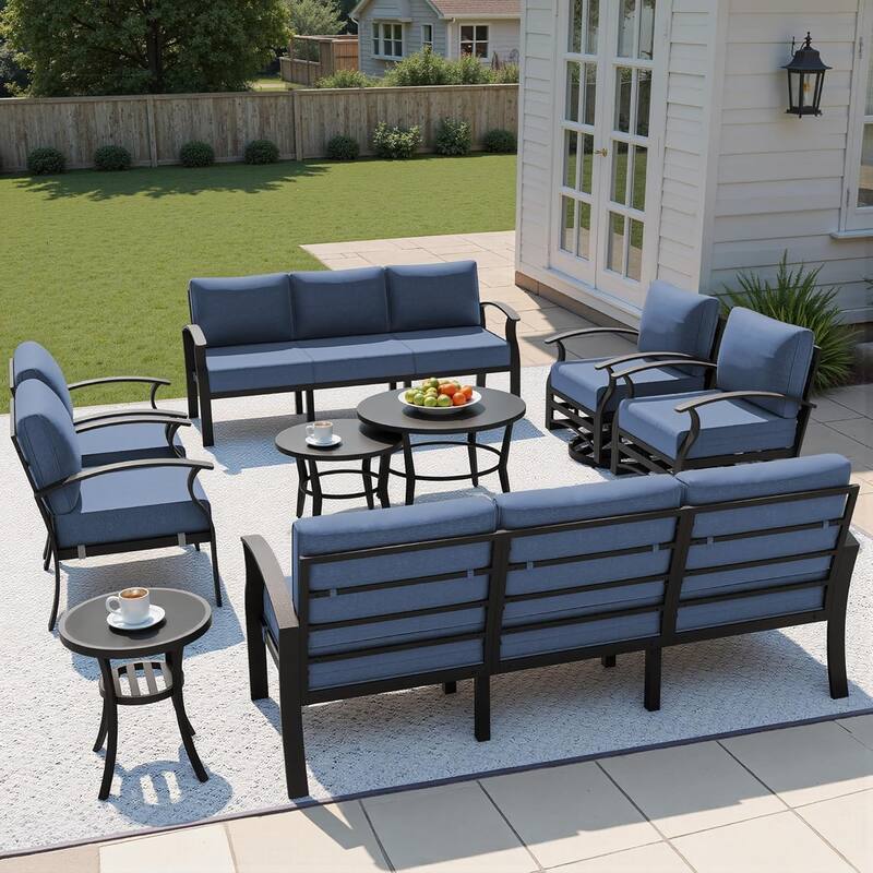 Kullavik Aluminum Outdoor Patio Sectional Sofa Set with Swivel Rocking Chairs and Coffee Table - Navy - 10-Seats-Round Table