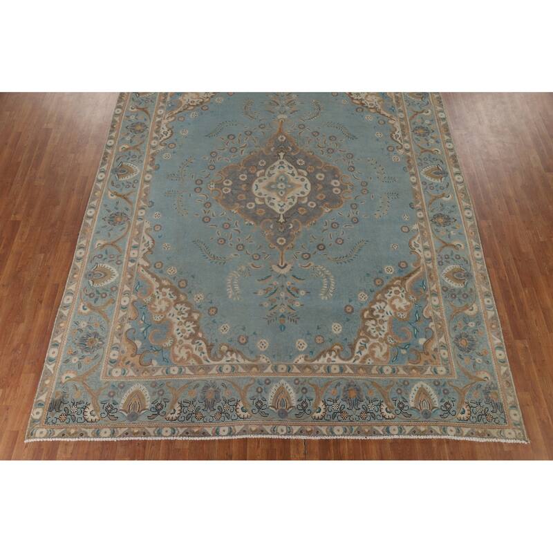 Tabriz Vintage Persian Area Rug Handmade Floral Blue Wool Carpet - 9'10" x 12'11"