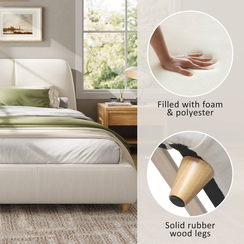 King Modern Upholstered Bed Frame, Linen Fabric, Solid Wood Legs, Elegant White