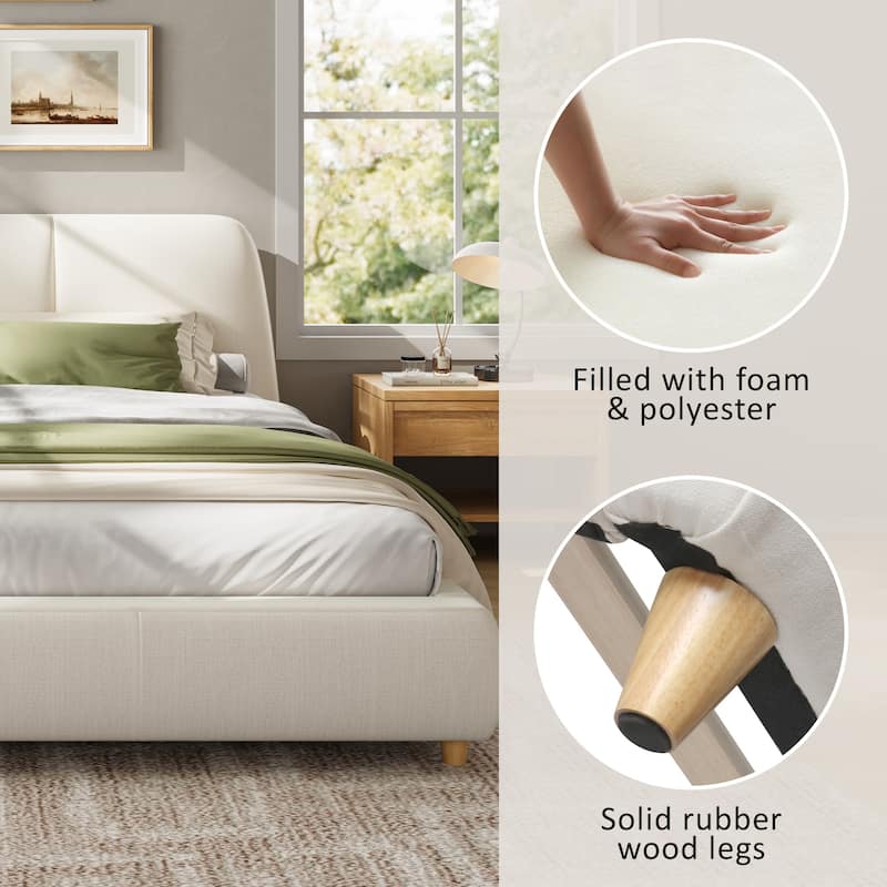 Roomfitters King Size Modern Upholstered Platform Bed Frame with Linen Fabric and Solid Wood Legs, White