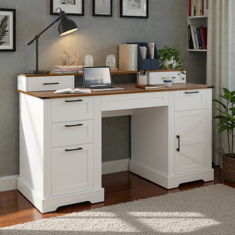 59 Inch Farmhouse Office Desk with Charging Station, Barn Door Desk with File Drawer Monitor Stand and Keyboard Tray - White
