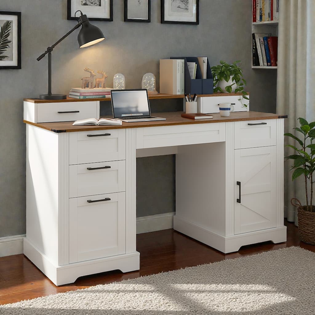59 Inch Farmhouse Office Desk with Charging Station, Barn Door Desk with File Drawer Monitor Stand and Keyboard Tray