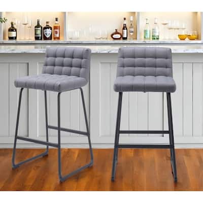 Set of Two 30" Gray And Black Fabric And Steel Bar Height Bar Chairs