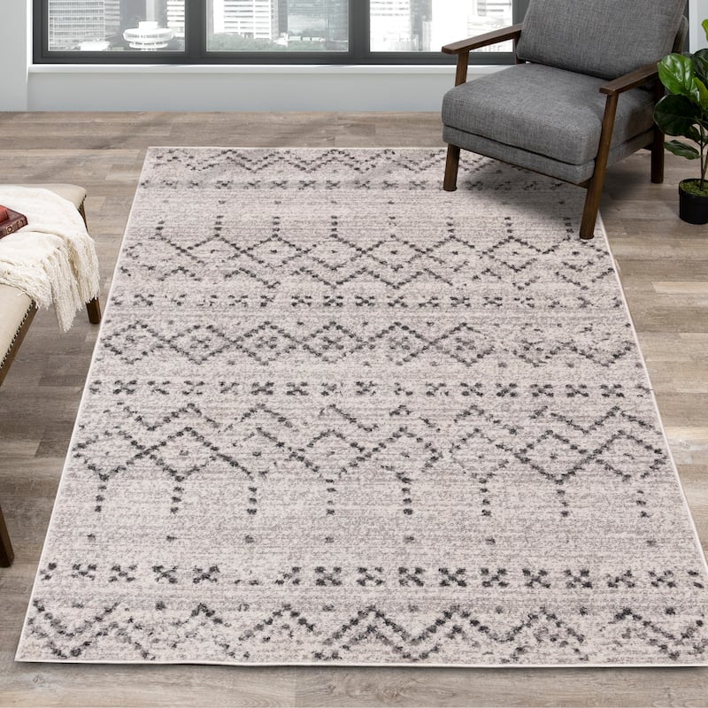 Flynn Collection - Grey/White Banded Tribal Motif Rug