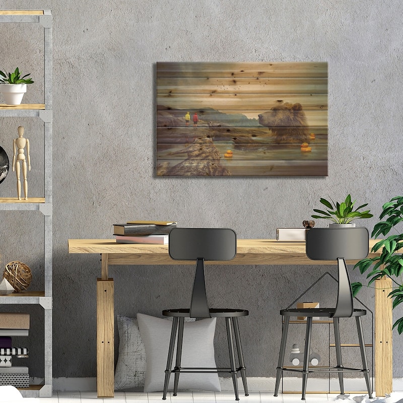 Foggy Bear Bath Print On Wood by Soaring Anchor Designs - Multi-Color
