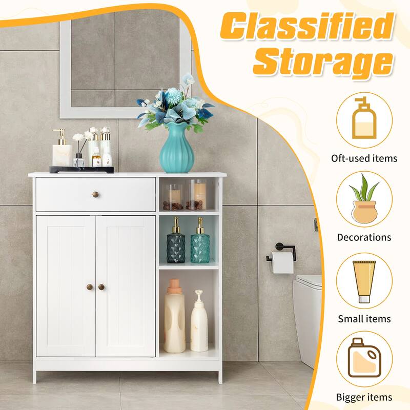 Freestanding White MDF Bathroom Storage Cabinet with Drawer and 2 Adjustable Shelves for Small Essential