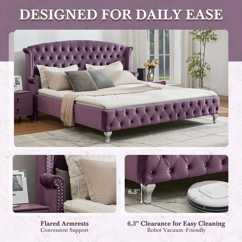 Christopher Knight Home - Larkswood Velvet Upholstered King Size Bed Frame with Wingback Headboard