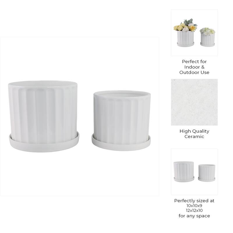 Ceramic Saucer Planters Ribbed Texture (Set of 2) - 10", 9" White - 12" x 12" x 10"