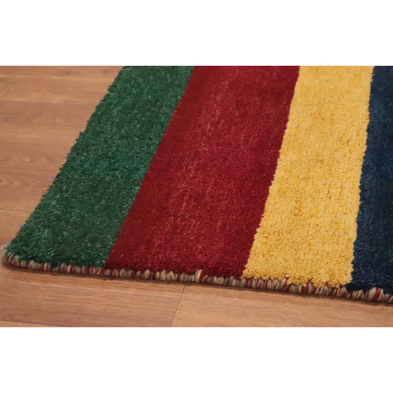 Hand Knotted Oriental 100% Wool Carpet Modern Stripe Multi-Colored Gabbeh Area Rug - 2' 9'' X 1' 11''
